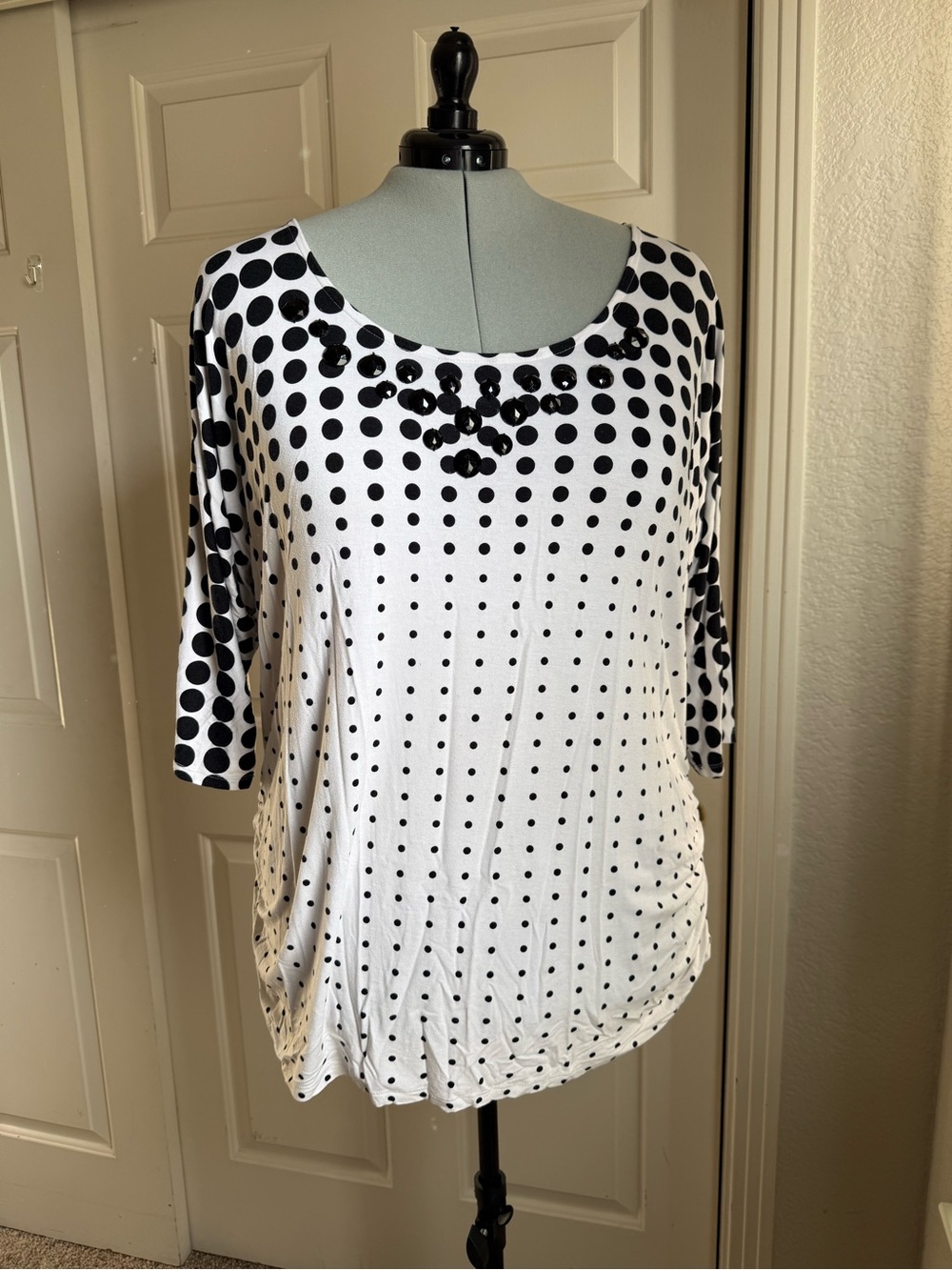Lane Bryant Black and White Polka Dot Scoop Neck 3/4 Sleeve Top Size 22/24